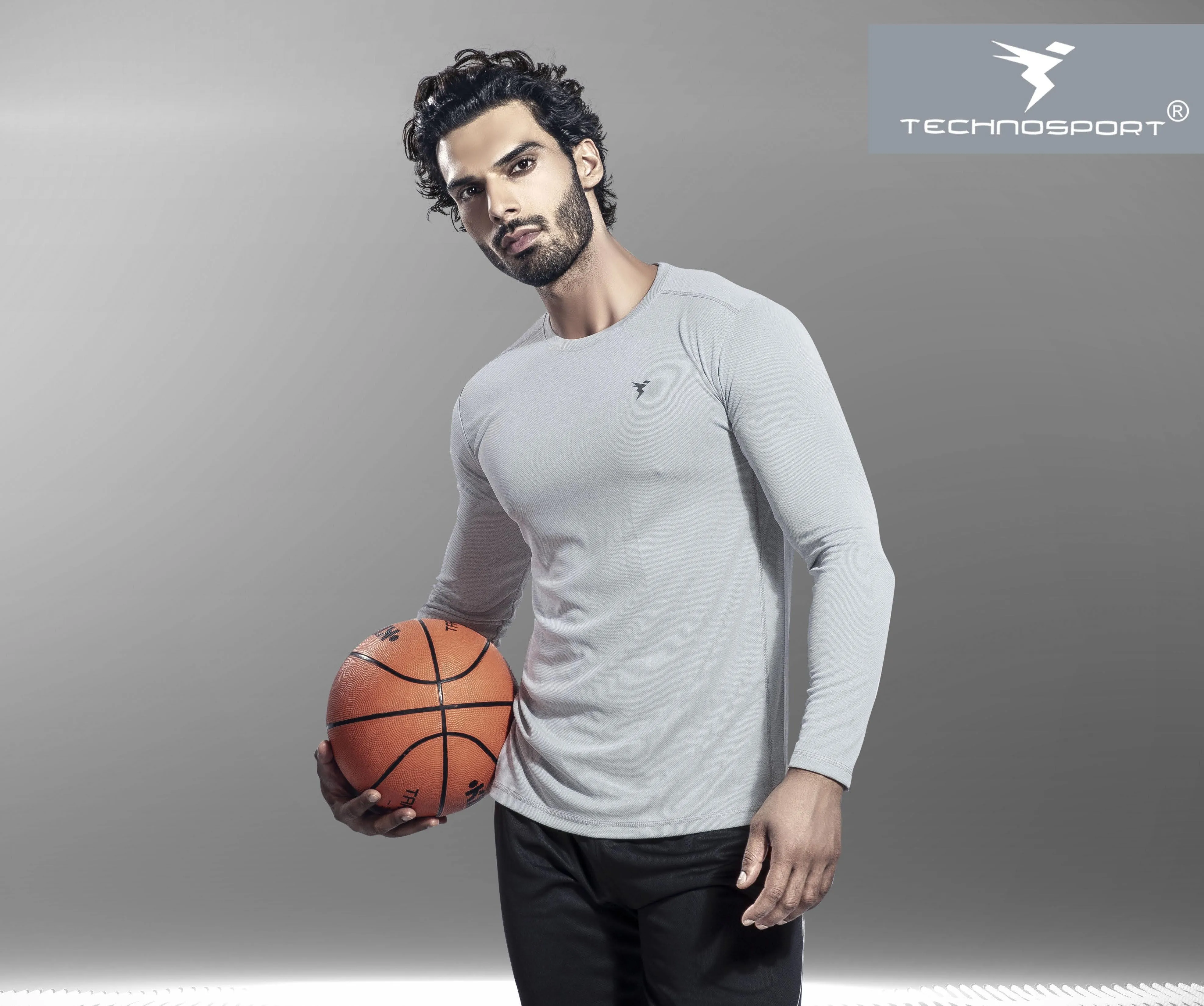 TechnoSport Crew Neck Full Sleeve Dry Fit T Shirt for Men OR-17 (Light Grey)
