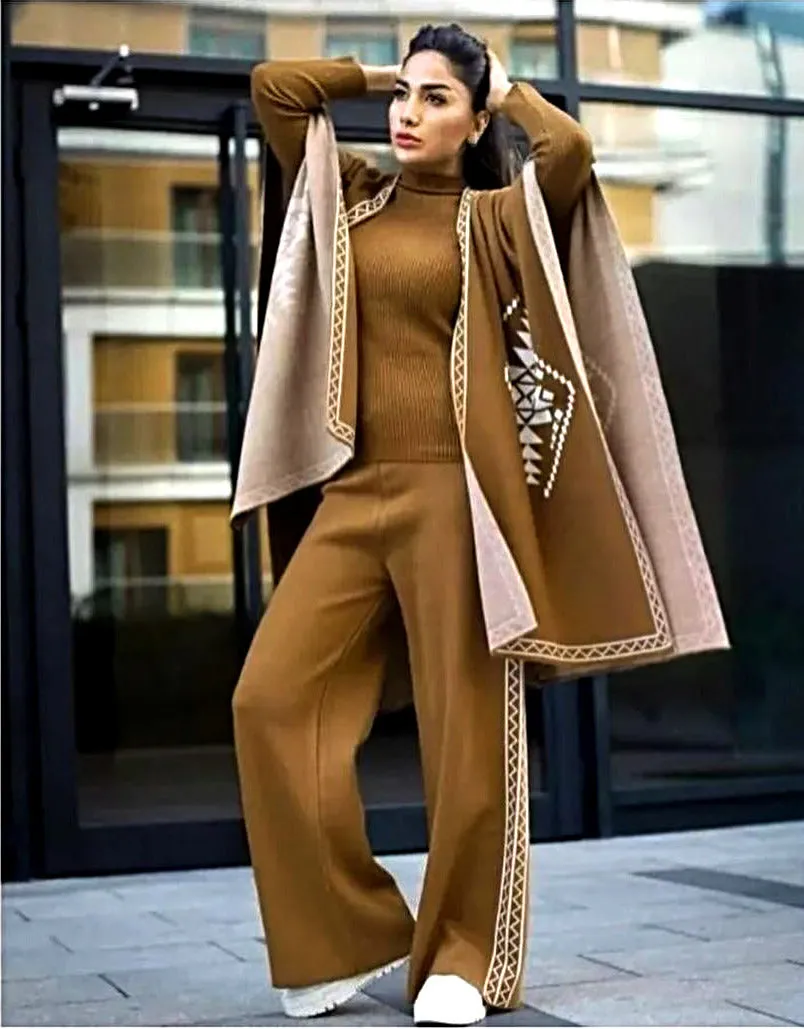 Winter Collection Front And Back Printed Upper Shawls With Premium Rib Plain High Neck And Flapper 3Pcs