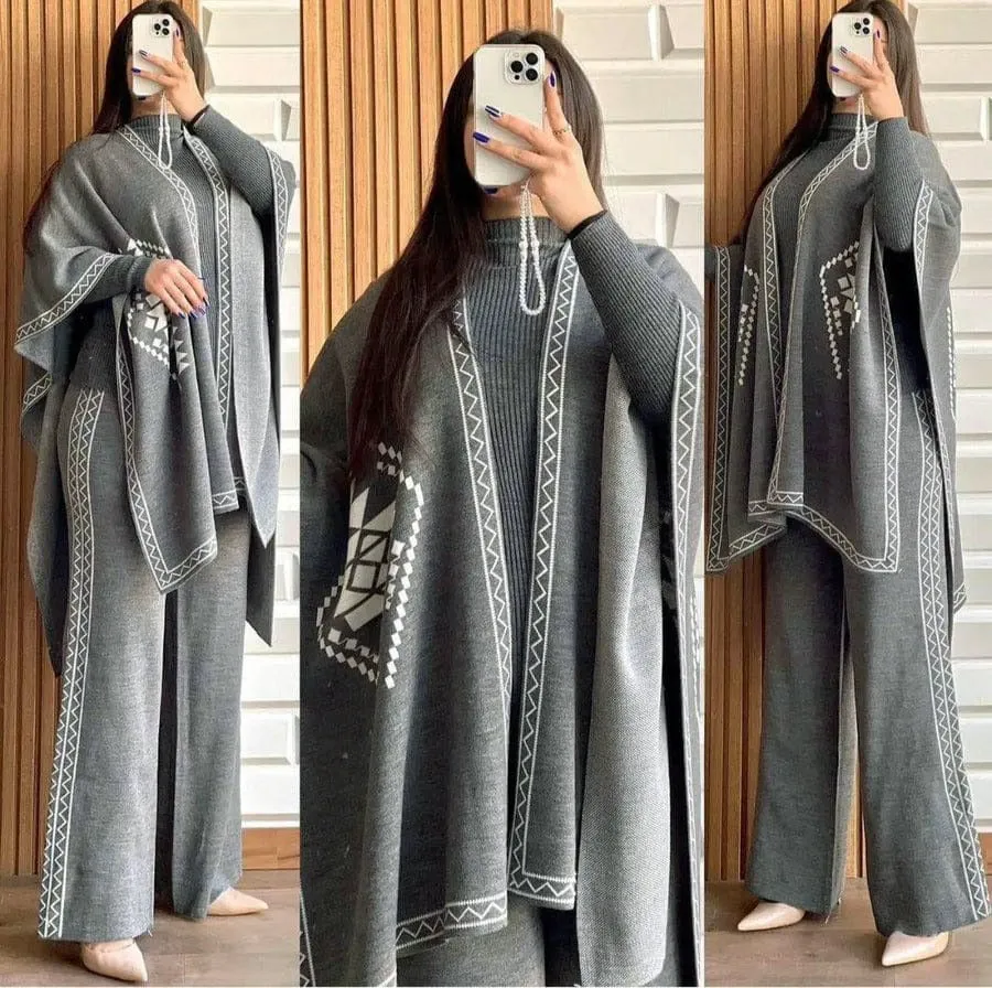 Winter Collection Front And Back Printed Upper Shawls With Premium Rib Plain High Neck And Flapper 3Pcs