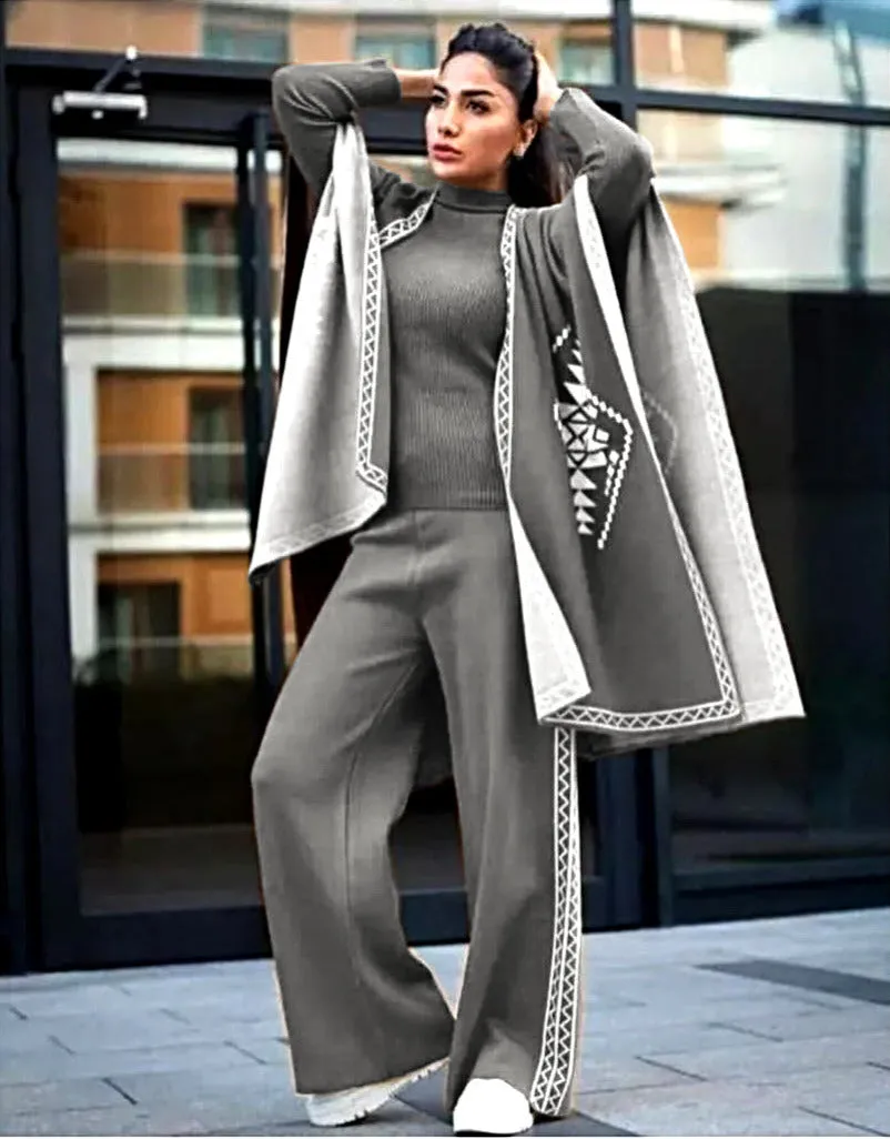 Winter Collection Front And Back Printed Upper Shawls With Premium Rib Plain High Neck And Flapper 3Pcs