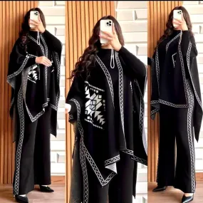 Winter Collection Front And Back Printed Upper Shawls With Premium Rib Plain High Neck And Flapper 3Pcs
