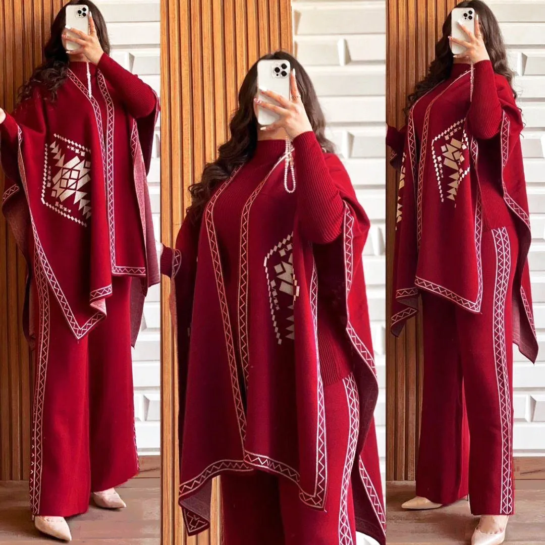 Winter Collection Front And Back Printed Upper Shawls With Premium Rib Plain High Neck And Flapper 3Pcs