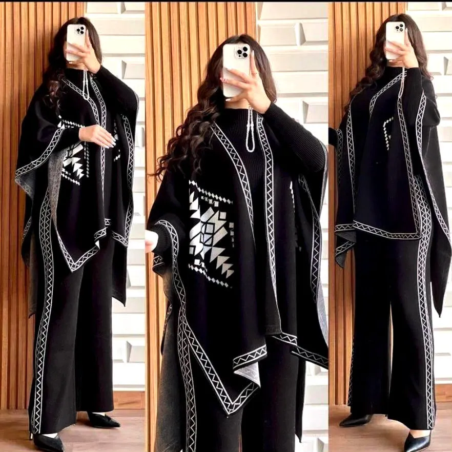 Winter Collection Front And Back Printed Upper Shawls With Premium Rib Plain High Neck And Flapper 3Pcs