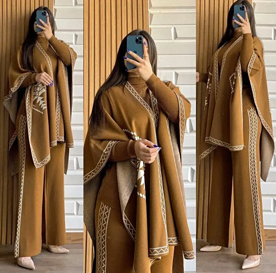 Winter Collection Front And Back Printed Upper Shawls With Premium Rib Plain High Neck And Flapper 3Pcs