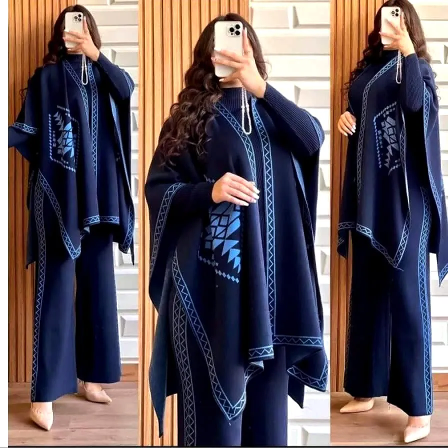Winter Collection Front And Back Printed Upper Shawls With Premium Rib Plain High Neck And Flapper 3Pcs