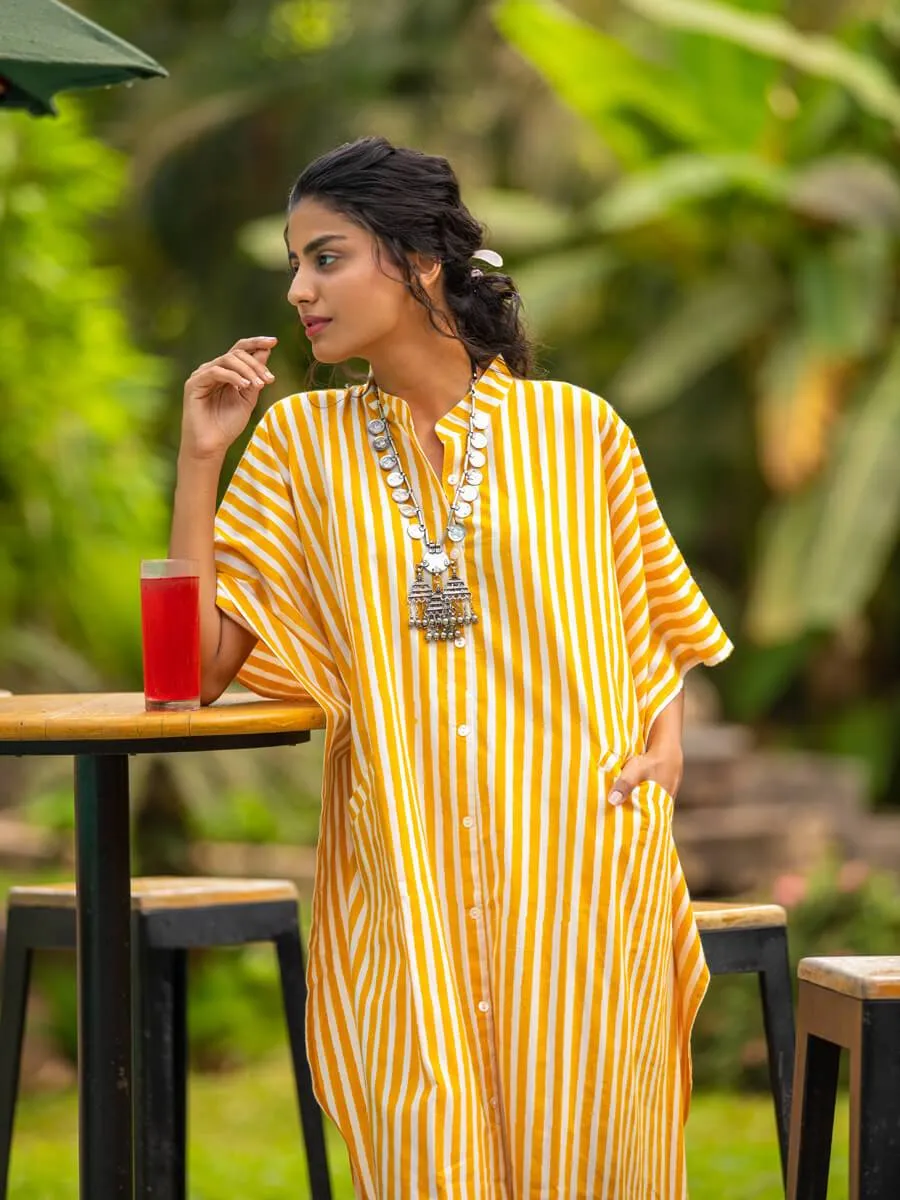 Yellow Stripes Kaftan Cotton Shirt Dress