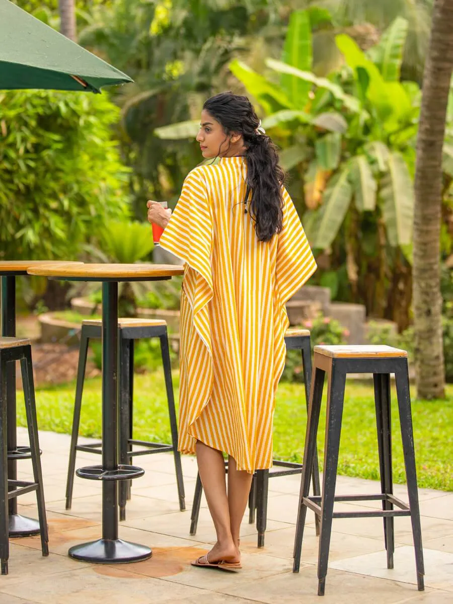 Yellow Stripes Kaftan Cotton Shirt Dress