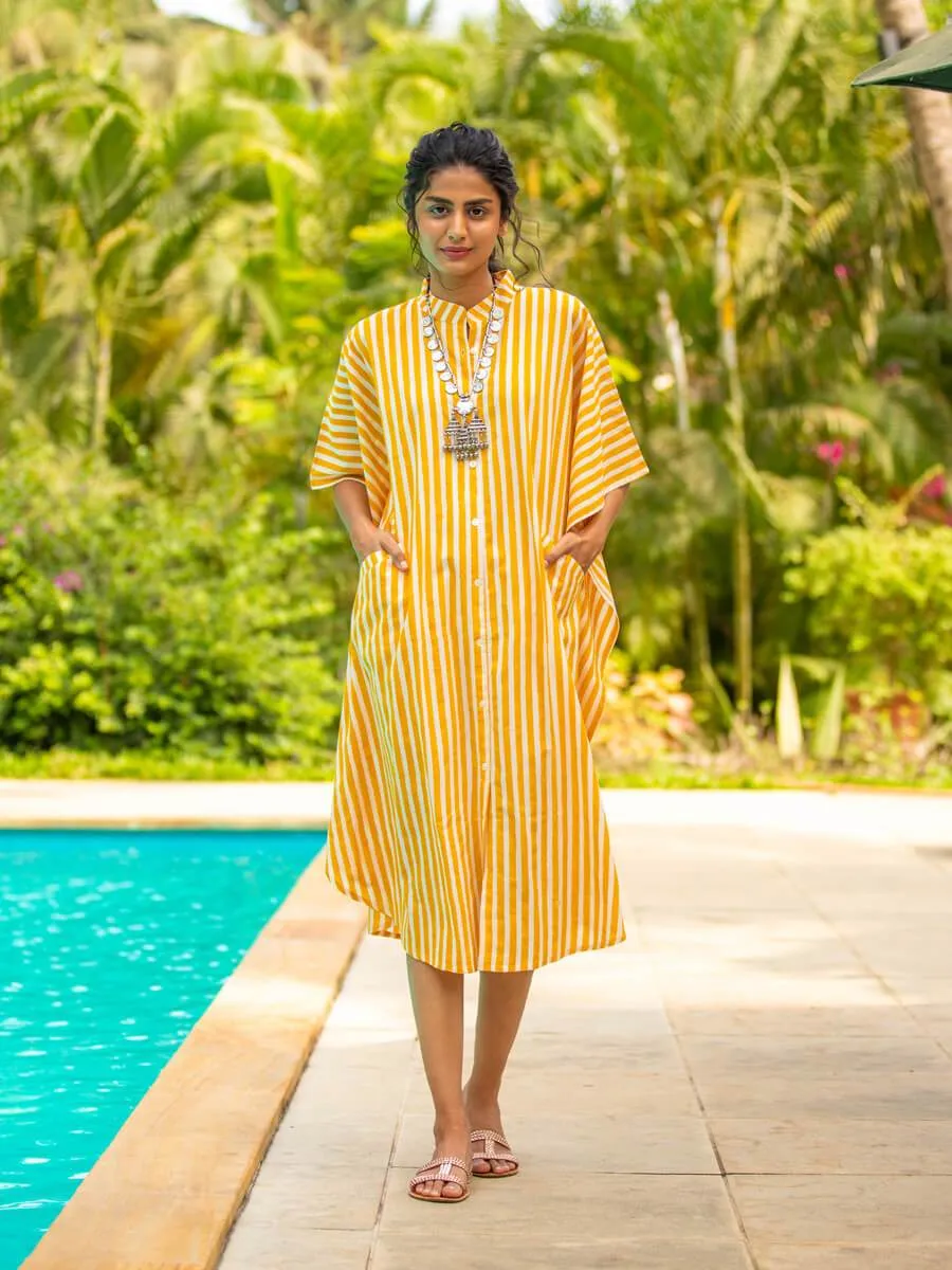 Yellow Stripes Kaftan Cotton Shirt Dress